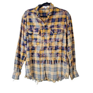 Gypsy‎ Junkies Plaid Flannel Top Womens Medium Distressed Bleached Up-Cyled Boho